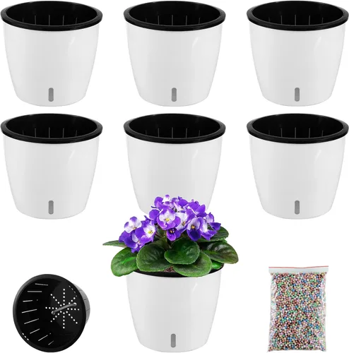 Vista 17 de Planterhoma Macetas de riego automático de 5 pulgadas para plantas de interior, 6 paquetes de macetas de violeta africana con indicador, maceta