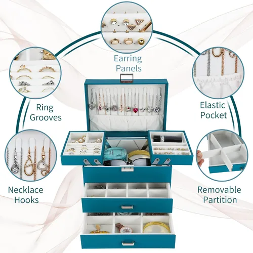 Vista 4 de Dajasan Organizador de joyero, caja organizadora de joyas, caja de almacenamiento de joyería de cuero de 4 capas, idea de regalo para mujeres