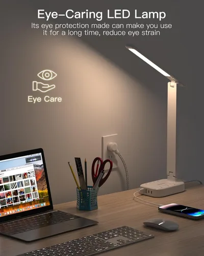 Vista 12 de One Beat lámpara de escritorio LED pequeña con extensión de 5 pies, tira de corriente con 3 tomas de corriente, 4 puertos USB (2 USB C), 4 modos, 5