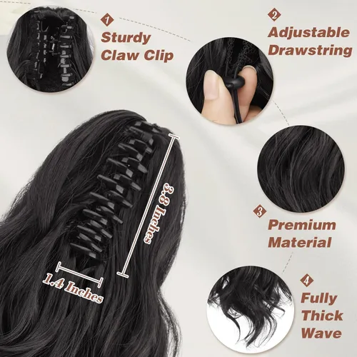 Vista 3 de BARSDAR Extensiones de cola de caballo con clip de garra, extensiones de cabello corto ondulado negro de 14 pulgadas para mujer, extensiones