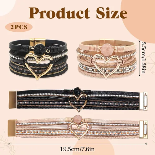 Vista 2 de 2 pulseras bohemias de cuero tejido multicapa con incrustaciones de diamantes de imitación en forma de corazón, apilables, joyería para mujer