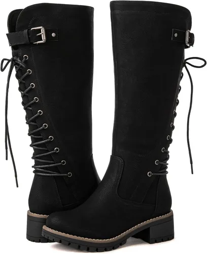 Vista 2 de GLOBALWIN - Botas de combate de equitación altas con cordones para mujer, cómodas botas góticas de motocicleta para mujer con cremallera y tacón