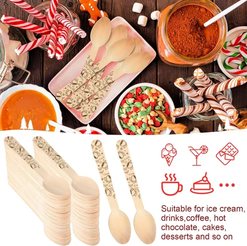 Vista 5 de Hoolerry 100 piezas cucharas de madera desechables de Navidad 14 cm Barra de degustación de invierno con sabor a barra de caramelo de chocolate