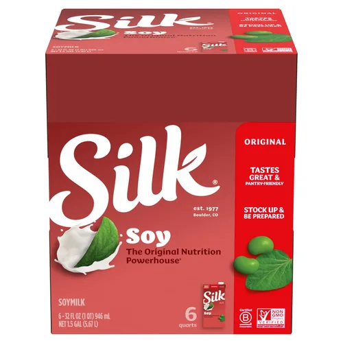 Vista 4 de Silk Leche de soja estable, original, sin lácteos, vegana, verificada por proyecto sin OMG, 1 cuarto de galón (paquete de 6)