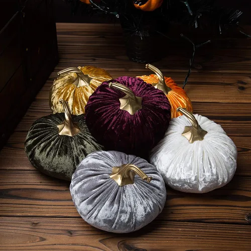 Vista 3 de Ogrmar Juego de 6 calabazas de terciopelo hechas a mano, calabaza rellena súper suave con exquisita artesanía para decoración de otoño, Halloween