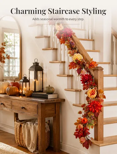 Vista 8 de NUPTIO Guirnalda de otoño de 6 pies para manto: decoración de otoño para el Peonía y dalia - Morado