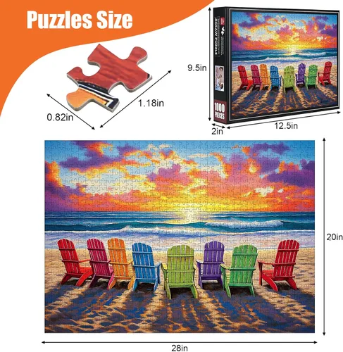 Vista 2 de Rompecabezas de playa para adultos de 1000 piezas – Coloridos rompecabezas de playa, silla de descanso, rompecabezas de verano con letras
