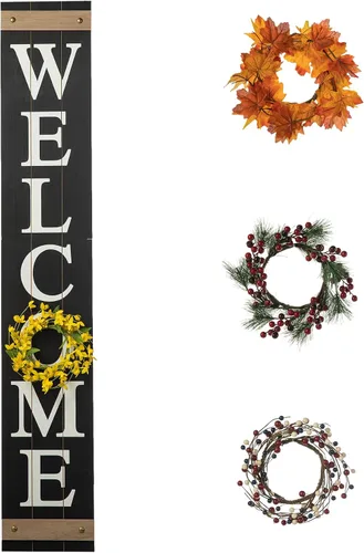 Vista 10 de Glitzhome - Letrero con palabra en inglés «Welcome» para puerta delantera, porche, rústico, de madera, con 3 coronas de flores intercambiables