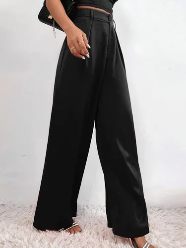 Vista 3 de SweatyRocks Pantalones largos plisados de satén de cintura alta para mujer, pantalones largos casuales para el trabajo y la oficina
