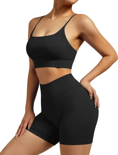 Vista 4 de RXRXCOCO Conjuntos de entrenamiento para mujer, 2 piezas, conjuntos de yoga acanalados, sin costuras, cintura alta, pantalones cortos con brasier