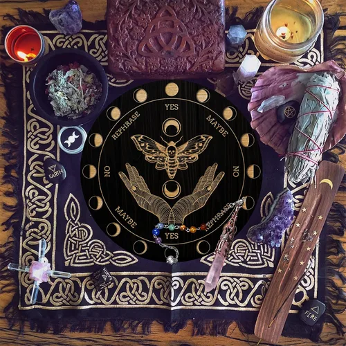 Vista 5 de AHANDMAKER Tabla de péndulo de bruja de 7.8 pulgadas, planchette de madera para radiestesia con péndulos de cristal de cuarzo rosa, herramientas