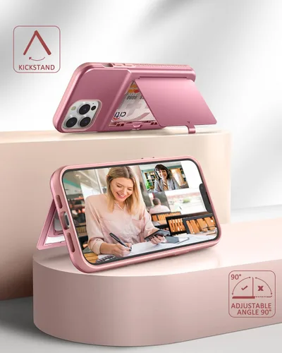 Vista 6 de WeLoveCase Funda para iPhone 13 Pro Max para mujer con tarjetero y espejo oculto, dos capas a prueba de golpes resistente funda protectora tipo