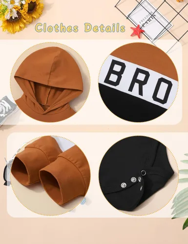 Vista 5 de Ropa de bebé niño de manga larga, sudadera con capucha con estampado de letras + pantalones de retazos, 2 piezas, trajes de otoño e invierno
