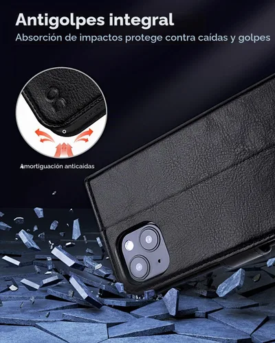 Vista 6 de OCASE Funda tipo cartera para iPhone 14 con tarjeteros, color negro