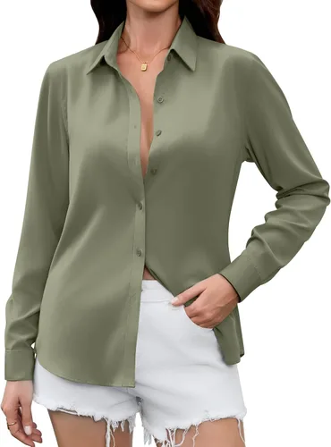 Vista 8 de Camisas Premium de Seda Satinada Suave y Transpirable con Botones para Mujer, Blusas de Manga Larga, Tops de Trabajo Casuales