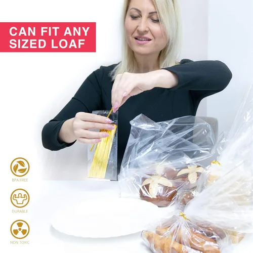 Vista 5 de Bolsas de pan reutilizables con lazos, 50 bolsas transparentes y 50 lazos, ajustables para pan casero y pan de panadería