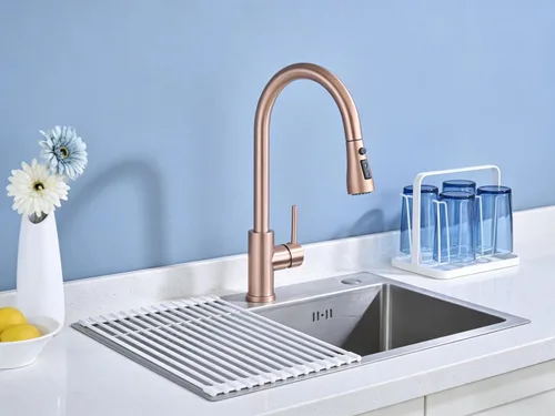 Vista 8 de Delle Rosa Grifo de cocina de cobre y oro rosa, montaje en cubierta, acero inoxidable 304, manija única, configuración de rociado de 3 vías, fácil