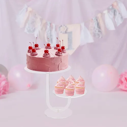 Vista 6 de Soporte acrílico para cupcakes de 2 niveles, soporte de exhibición de postres de alta calidad para mesa de postres - Combo de soporte transparente