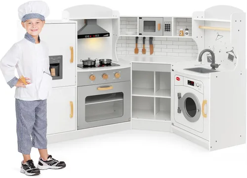 Vista 10 de Costzon Juego de cocina esquinera para niños, cocina de madera con sonidos y luces, lavadora, máquina de hielo, microondas, horno, fregadero