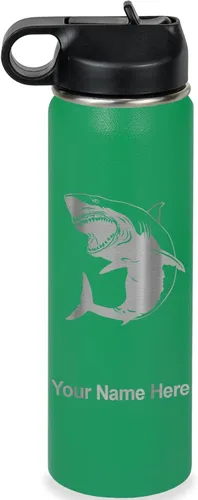 Vista 38 de LaserGram Botella de agua personalizada, gran tiburón blanco, acero inoxidable de doble pared aislada al vacío con popote superior, regalo grabado