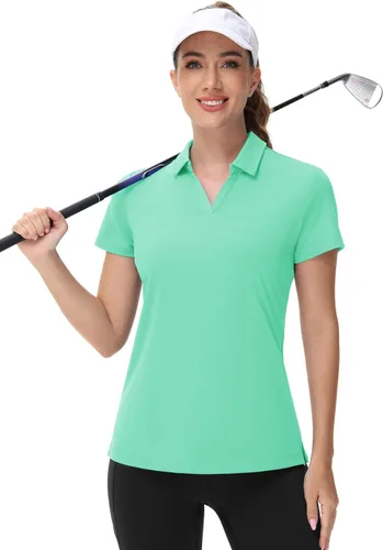 Vista 5 de TACVASEN Polo de manga corta con cuello en V para mujer, con protección solar UPF 50+, secado rápido, para golf