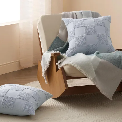 Vista 2 de Fundas de almohada de doble puntada 100 % algodón, fundas de almohada decorativas bohemias a cuadros con mechones de 20 x 20 pulgadas, hechas