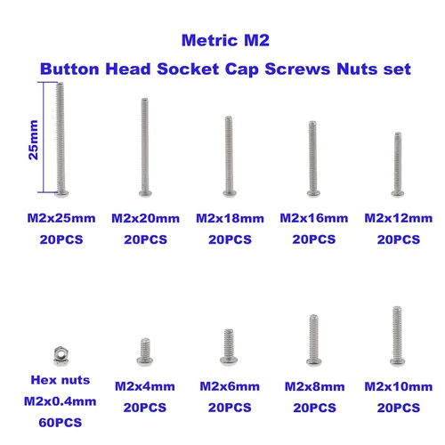 Vista 4 de Metric M2 304 - Kit surtido de tornillos y tuercas de cabeza de botón de acero inoxidable 9 Sizes, 4-25mm Length, Fully Threaded, Metric ISO7380