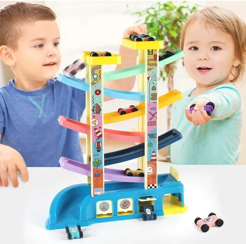 Vista 3 de Juguete deslizante para niños pequeños, pista de carreras con 6 rampas y 8 mini autos, juguetes de carreras de zig zag Slide regalos para niños