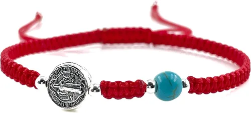 Vista 2 de St Benedict medal and Turquoise Bead on Adjustable Red Wove Bracelet with Macrame knot for women (Red)