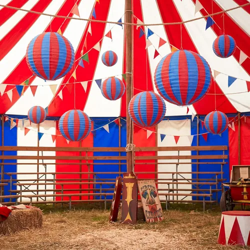 Vista 5 de Hortsun 12 Pcs Carnival Circus Decorations Red and Blue Striped Paper Lanterns Chinese Hanging Paper Lanterns for Carnival Circus Wedding Birthday