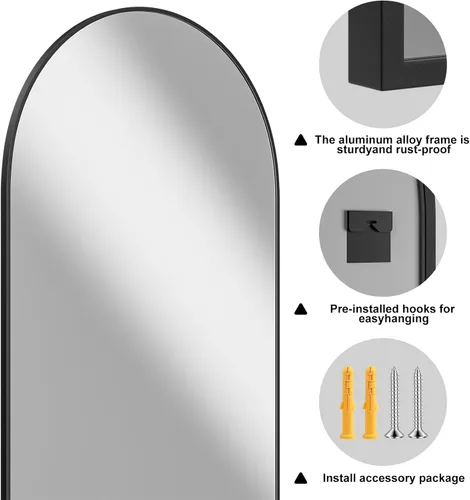 Vista 3 de Rowjut Espejo de pared en forma de arco de 30 x 20 pulgadas, espejo decorativo de pared y baño con marco de hierro, espejos de pared superior