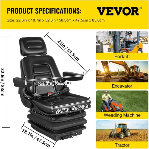 Vista 7 de VEVOR Asiento de suspensión con respaldo ajustable, reposacabezas y reposabrazos, asiento de carretilla elevadora con rieles deslizantes, plegable