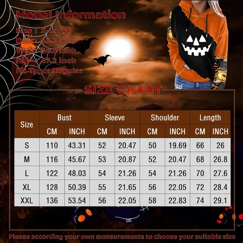 Vista 5 de Sudaderas con capucha de Halloween para mujer 2023 otoño, lindas sudaderas de gran tamaño con estampado de cara de calabaza con bolsillo