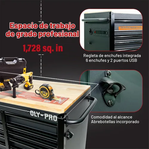 Vista 6 de Olympia Tools Caja de herramientas móvil resistente de 72 pulgadas, con banco de trabajo superior de madera maciza, baúl de herramientas con ruedas