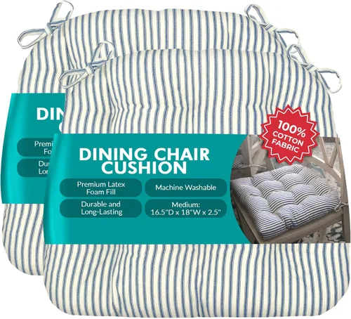 Vista 99 de Barnett Home Decor Ticking Stripe Berlin Blue - Almohadilla para silla de comedor con lazos, tamaño mediano 18, relleno de espuma de látex, lavable