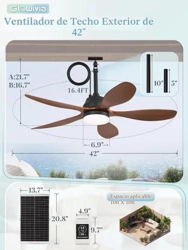 Vista 8 de 42" Solar Ceiling Fan for Outdoor with Light & Battery IP65 Walnut Walnut Wood