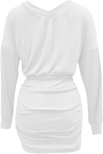 Vista 5 de Luckinbaby Vestido de manga larga de punto para mujer, vestido corto fruncido, con hombros descubiertos, sexy, de punto, mini vestidos ajustados