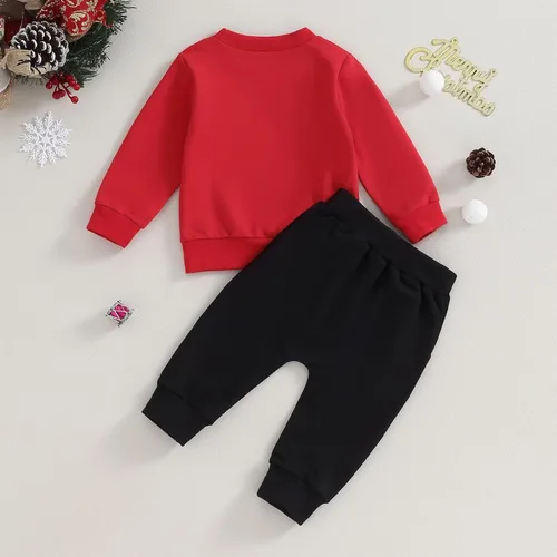Vista 2 de BOIBOKOKO Traje de Navidad para bebé niño pequeño, sudadera con texto en inglés "Santa Is My Bestie", pantalones deportivos de color sólido, ropa