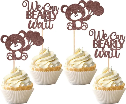 Vista 14 de 24 PIEZAS Oso de Peluche con Texto "We Can Bearly Wait" Adornos de Cupcake con Purpurina, Globo Oso para Revelación de Género, Adornos de Baby