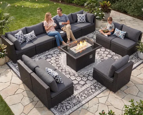 Vista 101 de NICESOUL Juego de muebles de patio de ratán extra grande con mesa para fogata de gas y propano, 29.3 pulgadas, respaldo alto, cómodos conversaciones