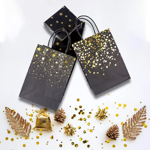 Vista 7 de Sharlity Bolsas de regalo pequeñas de color negro y dorado, 24 bolsas de papel de fiesta con papel de seda de estrella para Halloween, Año Nuevo