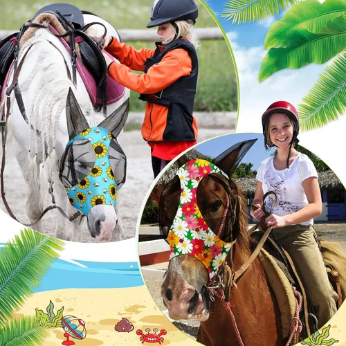 Vista 5 de Weewooday 2 máscaras de mosca de caballo para caballos, máscaras suaves para orejas, máscara suave y elástica con protección UV