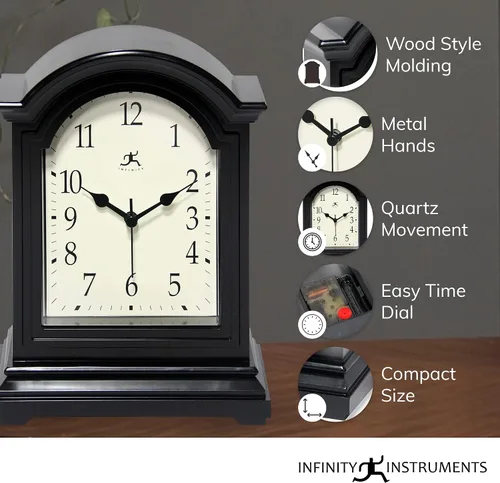Vista 4 de Infinity Instruments Reloj de abuelo en miniatura para repisa de chimenea, reloj de mesa vintage con diseño antiguo, 9" x 6", negro Reloj