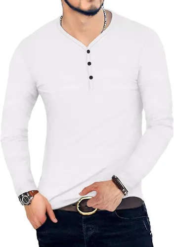 Vista 3 de MLANM Camiseta básica Henley de algodón de manga corta y larga para hombre