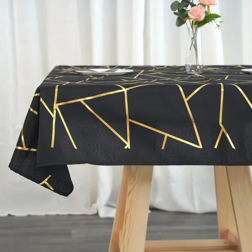 Vista 4 de Mesa cuadrada de poliéster de 54 x 54 pulgadas, color negro con diseño geométrico metálico dorado