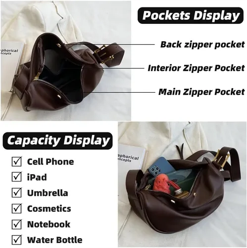 Vista 3 de Mudono Bolso cruzado para mujer, bolso de hombro grande de cuero, estilo casual, bolso cruzado tipo hobo ligero con media luna