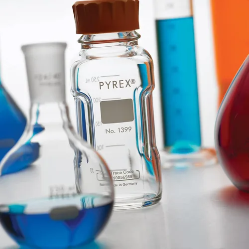 Vista 5 de Pyrex Botella redonda de almacenamiento de medios con tapa de rosca GL45, botellas de vidrio de borosilicato con tapas, cristalería científica