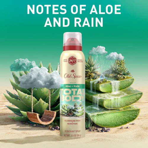 Vista 7 de Old Spice Desodorante en aerosol para todo el cuerpo para hombres, sin aluminio, aroma a aloe + lluvia, protección contra olores 24/7, frescura
