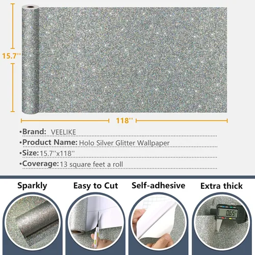 Vista 9 de VEELIKE Papel tapiz holográfico con purpurina plateada de 15.7 x 118 pulgadas, para pegar y despegar, extraíble, papel de contacto con purpurina Oro