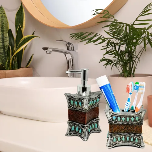 Vista 7 de Juego de baño rústico de 3 piezas, kit de decoración de piel sintética y resina turquesa